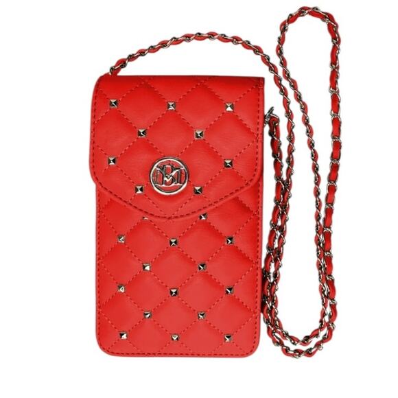 Badgley Mischka vegan leather phone case w/ diamond quilting and studs Red NWT - Picture 1 of 3